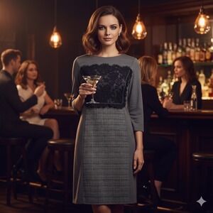 Shannon McLean‎ Lace Tweed Dress Women 4 Gray Black Knee Length 3/4 Sleeve Work